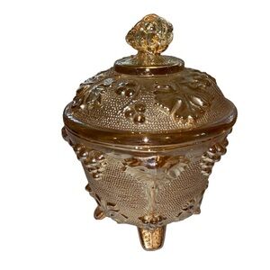 Depression glass footed jar & lid grapevine & leaves design peach color vintage